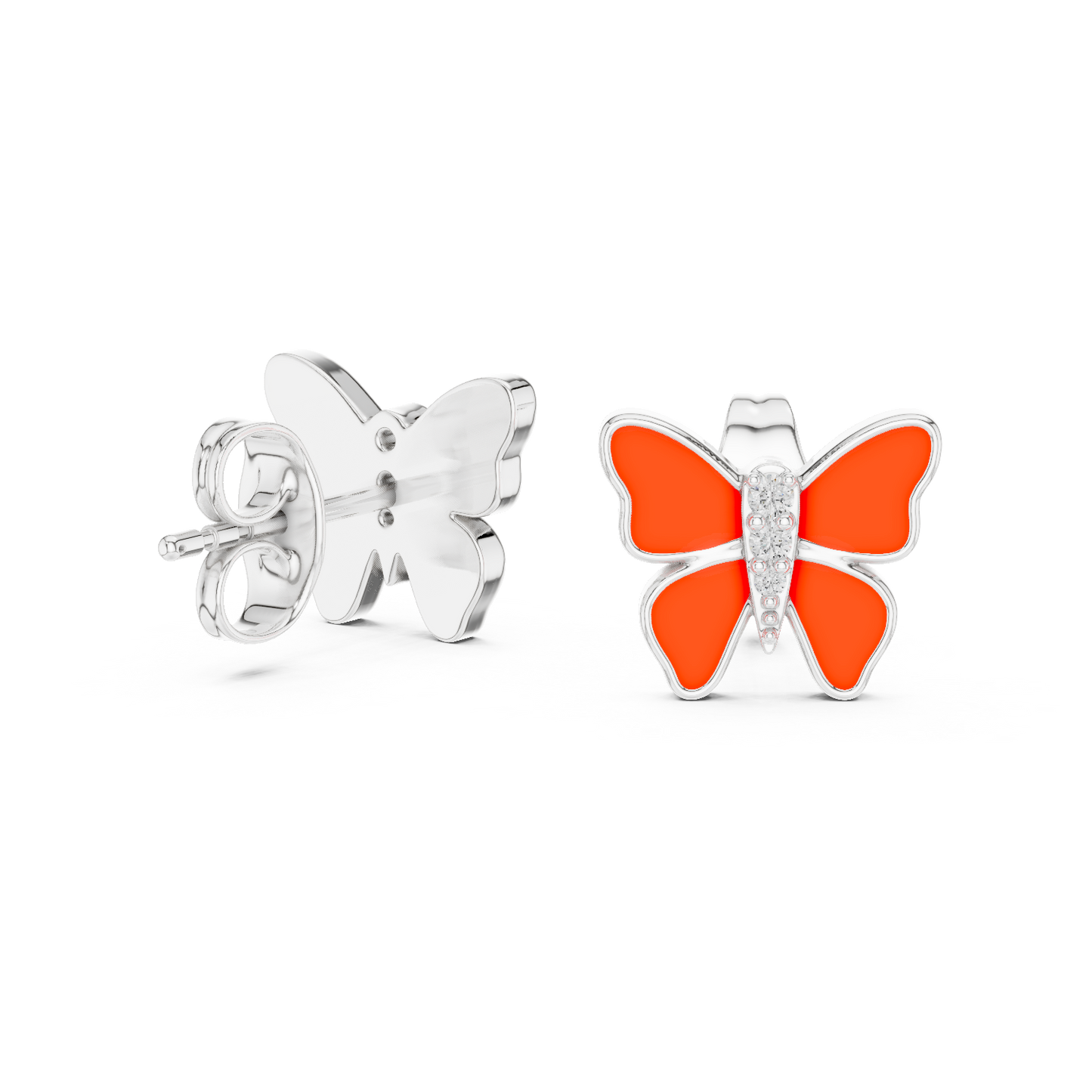 Yellow Gold & Orange Enamel Butterfly Studs with Diamond Accents