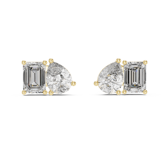3.6 Carat Emerald and Pear Cut Diamond Toi et Moi Stud Earrings in Solid Gold