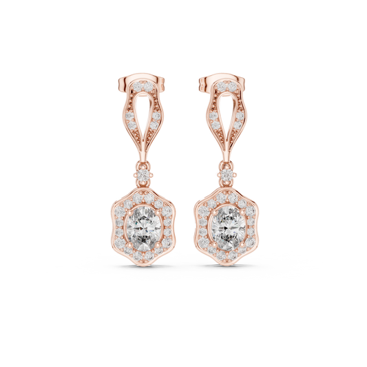 1.43 Carat Oval Cut Diamond Scalloped Halo Drop Earrings - Yellow Gold