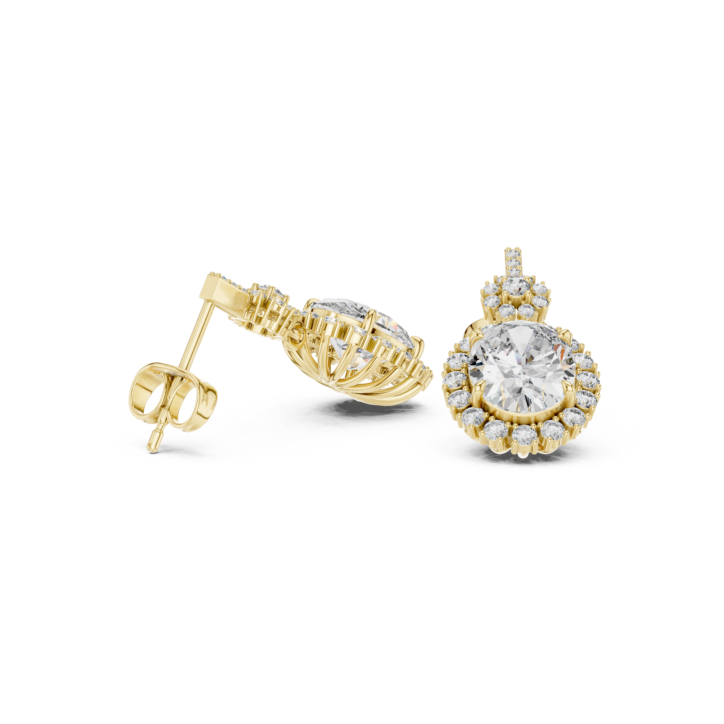 3.99ctw Vintage Oval Diamond Sunburst Halo Drop Earrings in Yellow Gold