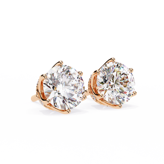 Yellow Gold Round Cut Diamond Crown Solitaire Stud Earrings - 2.62 Carat