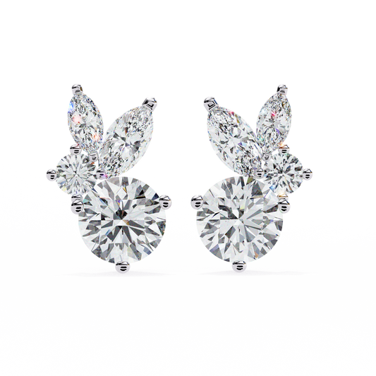 Flora Marquise & Round Diamond Cluster Studs in Yellow Gold -1.43 Ct