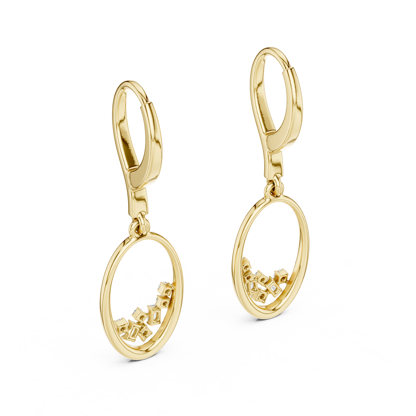 Yellow Gold Mixed-Cut Diamond Oval Drop Earrings - Baguette & Round Cluster Dangles