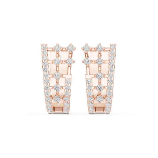 0.64CTW Round Diamond Geometric Hoop Earrings in Yellow Gold | Openwork Lattice Huggie