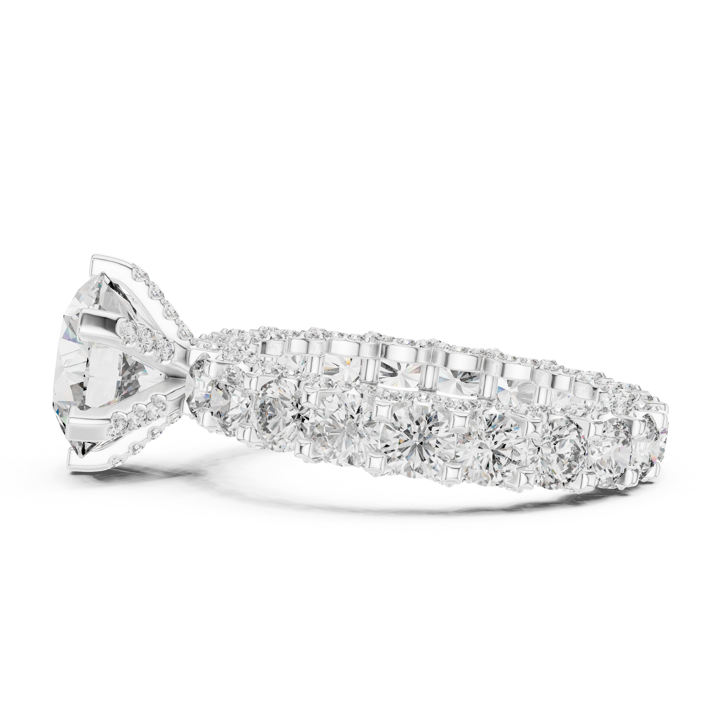 4.98ctw Round Diamond 6-Prong Ring Three-Sided Pavé Band - Solid Gold