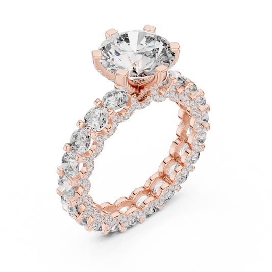 4.98 Carat Round Diamond 6-Prong Ring Three-Sided Pavé Band - Solid Gold