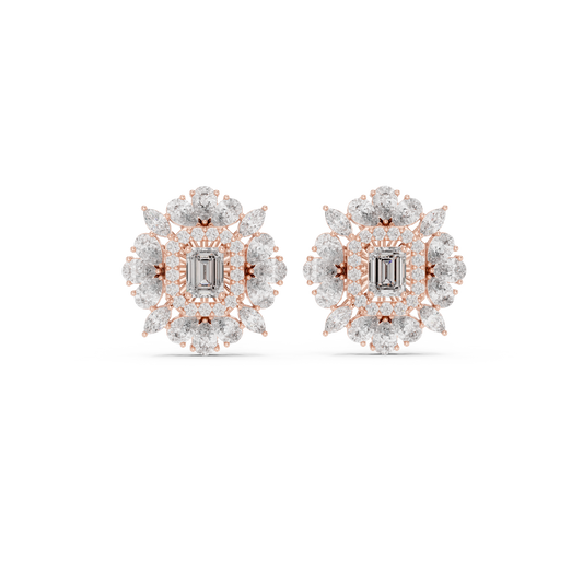 40.47ctw Emerald Cut Diamond Floral Halo Stud Earrings | Yellow Gold