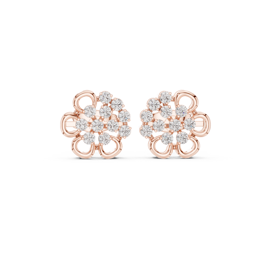 Yellow Gold Round Diamond Abstract Flower Cluster Stud Earrings - 0.44ctw