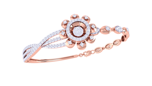 Twist Bloom Gold Bracelet With Sculpted Floral Centerpiece - 1.04 Ct Round Diamonds