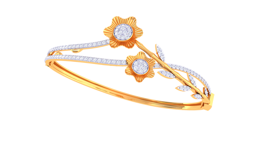 Floral Radiance Dual-Band Gold Bangle - 0.96 Ct Pave Set Diamond Bracelet