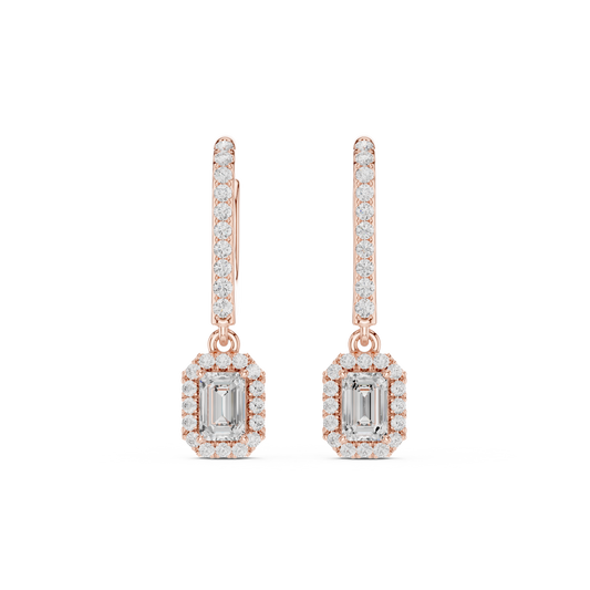 0.83 Carat Emerald Cut Diamond Halo Drop Huggie Earrings - Yellow Gold