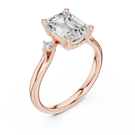 2.16ctw Emerald Cut Three-Stone Ring with Hidden Halo | Yellow Gold