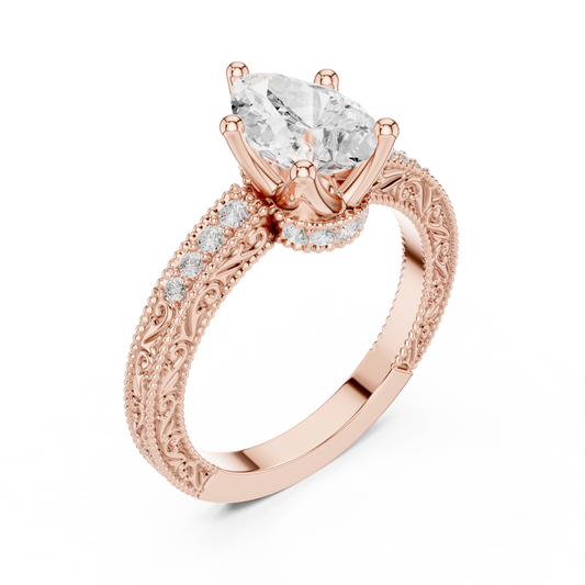 2.19ctw Vintage Pear Cut Ring with Milgrain Filigree Hidden Halo | Yellow Gold