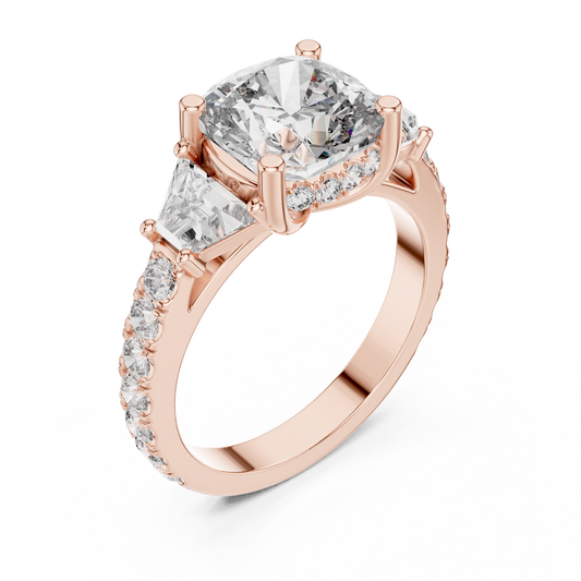 4.96 Carat Cushion Diamond Three-Stone Ring Trillion Hidden Halo - Solid Gold