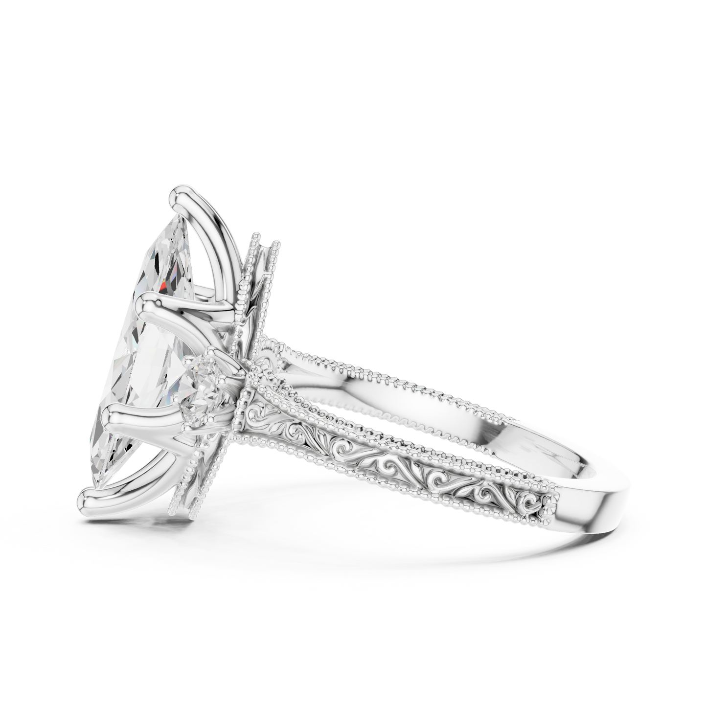 2.80 Carat Vintage Three-Stone Marquise Diamond Filigree Ring | Solid Gold