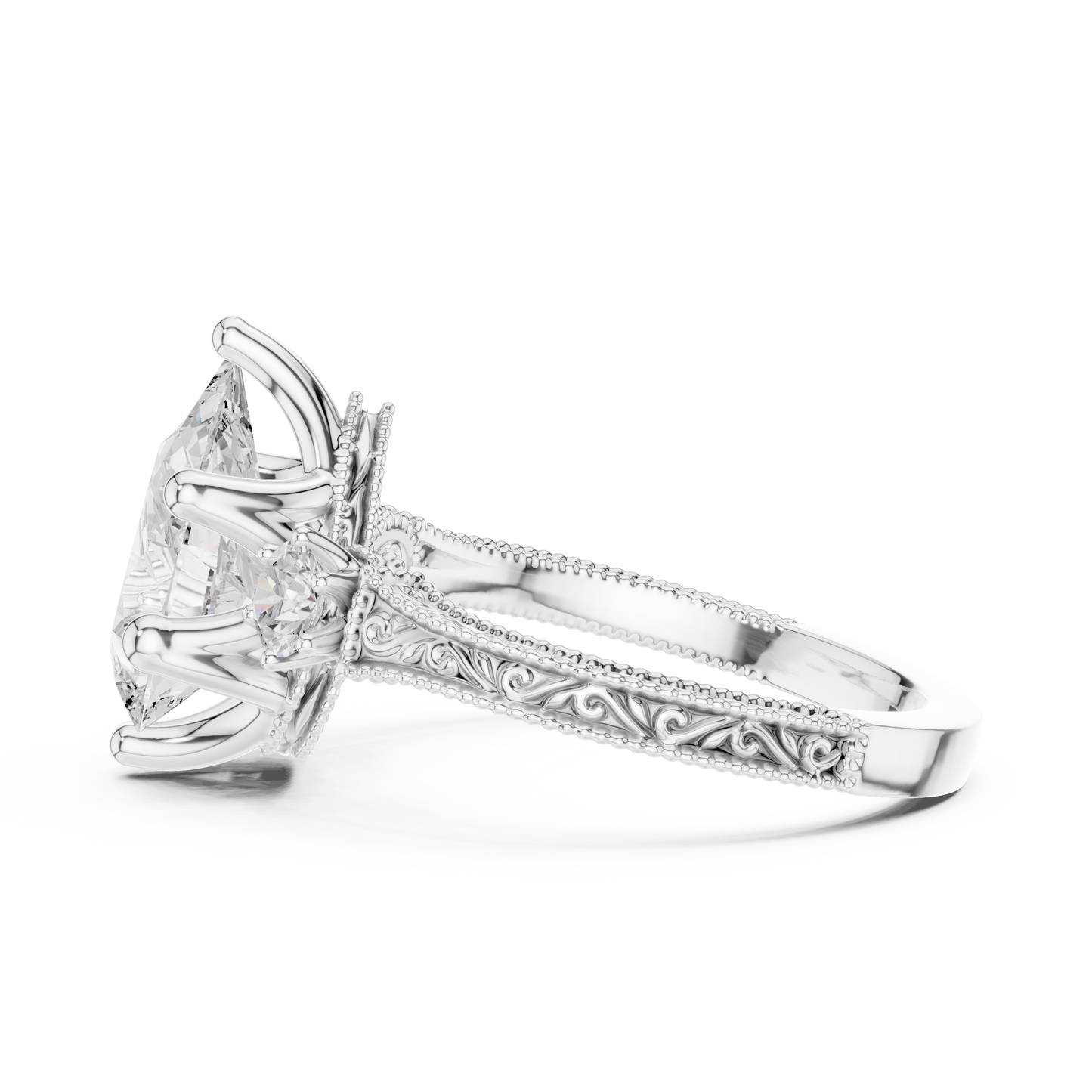 2.80 Carat Vintage Three-Stone Pear Diamond Filigree Ring | Solid Gold