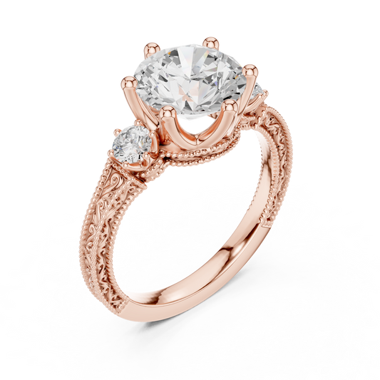 2.80 Carat Vintage Three-Stone Round Diamond Filigree Ring | Solid Gold