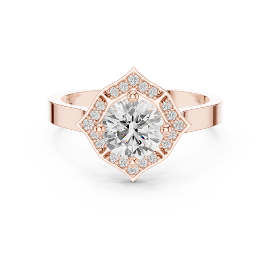 0.97 Carat Round Diamond Kite Shape Halo Ring Plain Band - Solid Gold