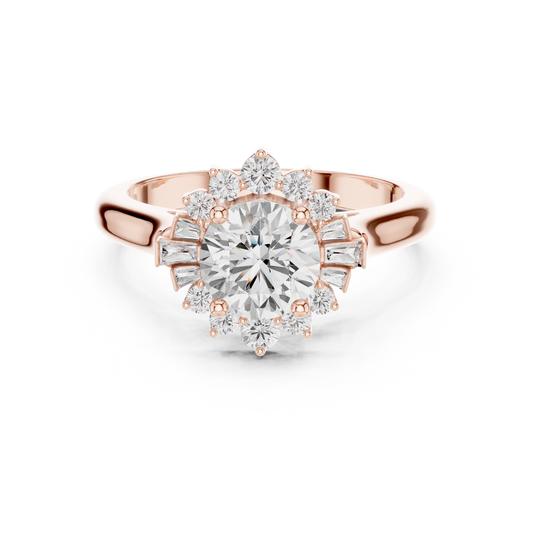 1.41 Carat Round Diamond Baguette Ballerina Halo Ring - Solid Gold