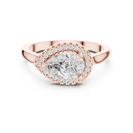 1.07 Carat Pear Diamond East-West Halo Ring Plain Band - Solid Gold