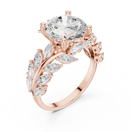 4.15 Carat Nature Inspired Round & Marquise Leaf Vine Ring | Yellow Gold
