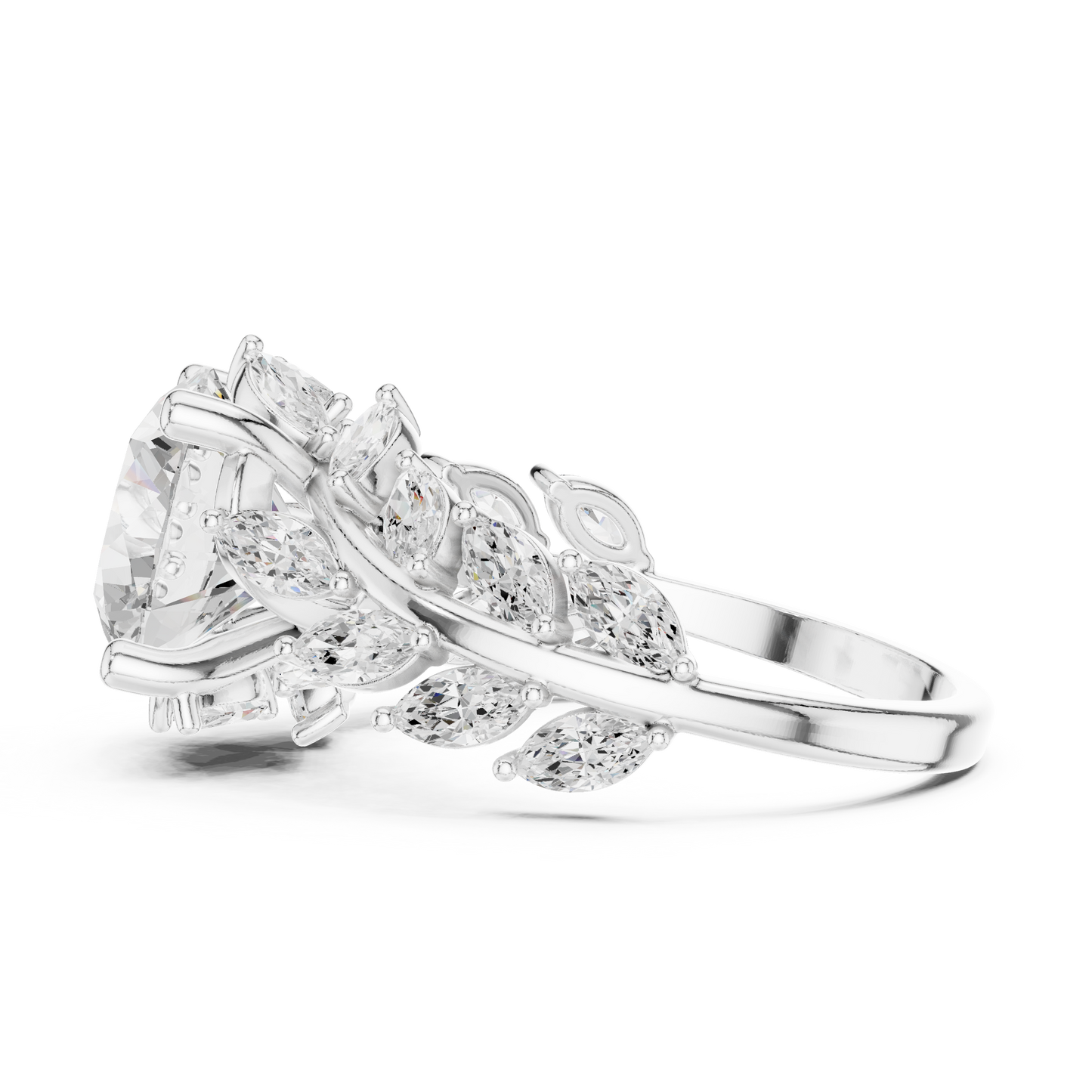 4.15ctw Nature Inspired Round & Marquise Leaf Vine Ring | Yellow Gold