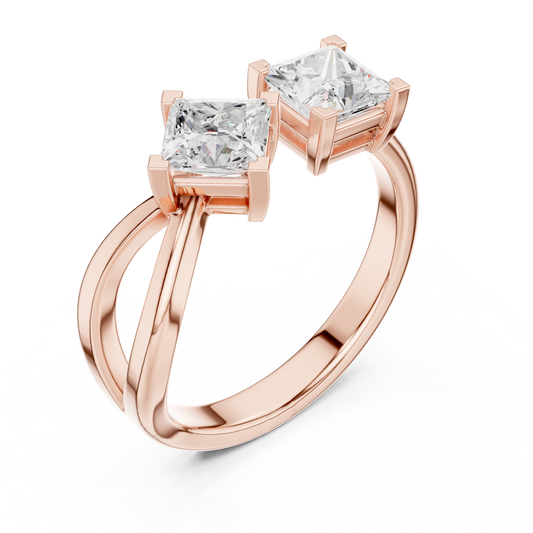 1.36 Carat Asymmetric Princess Cut Two Stone Open Ring | Yellow Gold