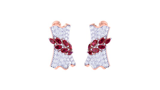Ruby Leaf Cluster Stud Earrings In Gold - 1.19 Ct Brilliant Diamonds