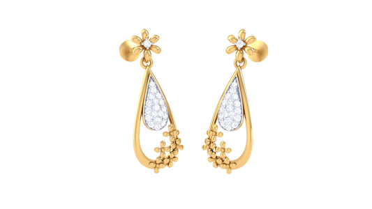 Tear Drop Earrings With Gold Floral Accents - 0.29 Ct Diamonds