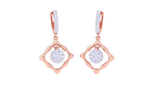 Wavy Square Gold Hoop Earrings with Circular Centerpiece - 0.48 Ct Diamonds `