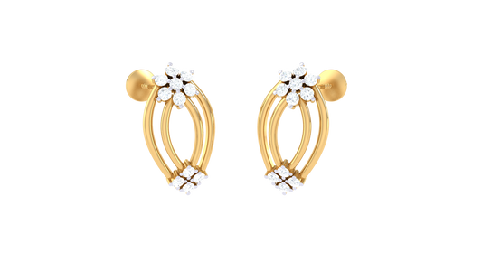 Floral Crest Gold Stud Earrings - 0.27 Ct Diamond Accents