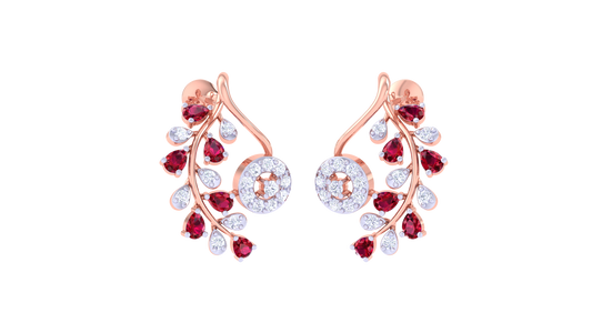 Floral Cascade Golden Stud Earrings - 0.62 Ct Sparkling Diamond & Ruby Drops