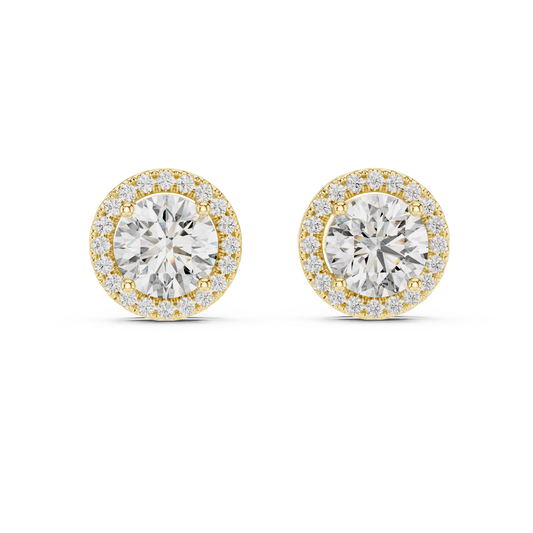 2.9 Carat Round Diamond Classic Halo Stud Earrings - Yellow Gold