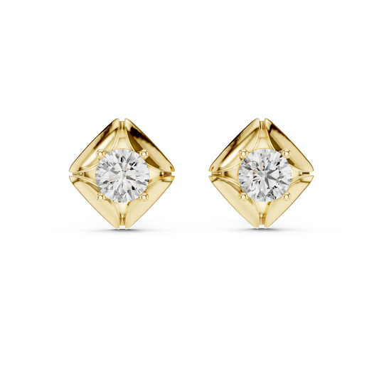 0.48 Carat Round Diamond Architectural Cushion Kite Stud Earrings - Solid Gold