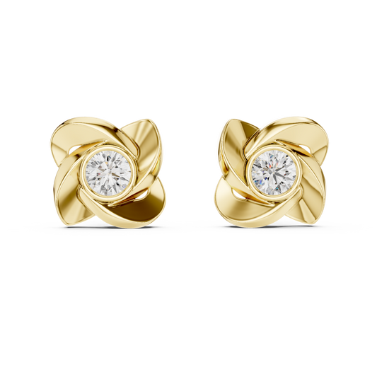 1.8 Carat Round Diamond Bezel Pinwheel Floral Stud Earrings - Solid Gold