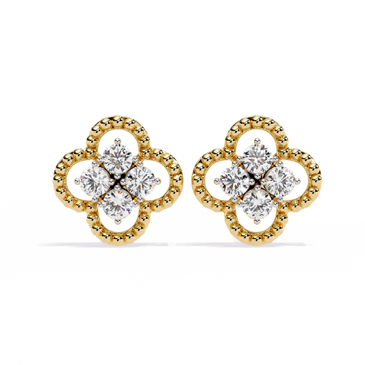 Clover Cluster Diamond Studs Earrings with Beaded Edge in Gold- 0.85 Ct