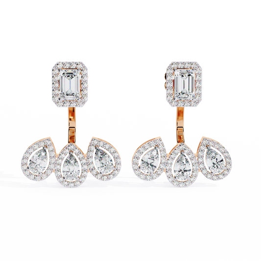 Avant-Garde Glamour: The Emerald Cut and Triple Pear Diamond Ear Jackets- 3.60 Ct