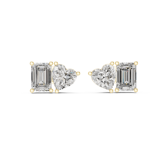 4 Carat Emerald and Heart Cut Diamond Toi et Moi Stud Earrings