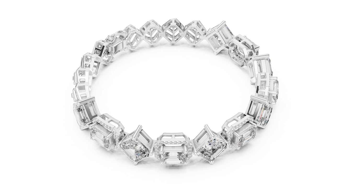 12.04CTW Alternating Emerald Cut Diamond Halo Bracelet - Yellow Gold