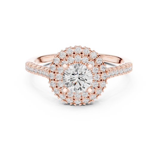 1.03 Carat Round Diamond Double Halo Engagement Ring - Solid Gold