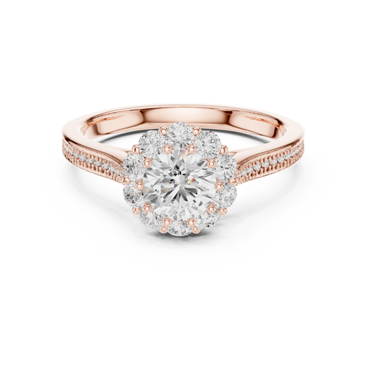 1.32 Carat Round Diamond Floral Crown Halo Engagement Ring - Solid Gold