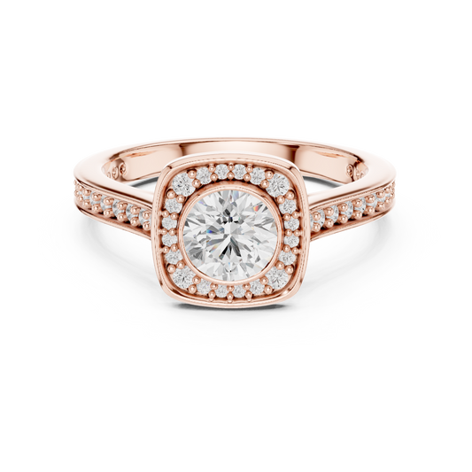 1.07 Carat Round Diamond Bezel Cushion Halo Engagement Ring - Solid Gold