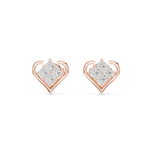 0.4CTW Princess Cut Diamond Cluster Heart Stud Earrings Yellow Gold