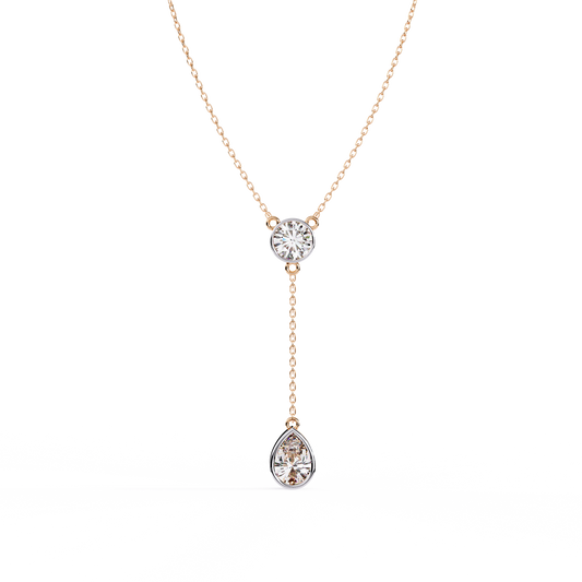 Timeless Solitaire Diamond Drop Necklace In Gold- 1.13 Ct Round and Pear Brilliant Cut
