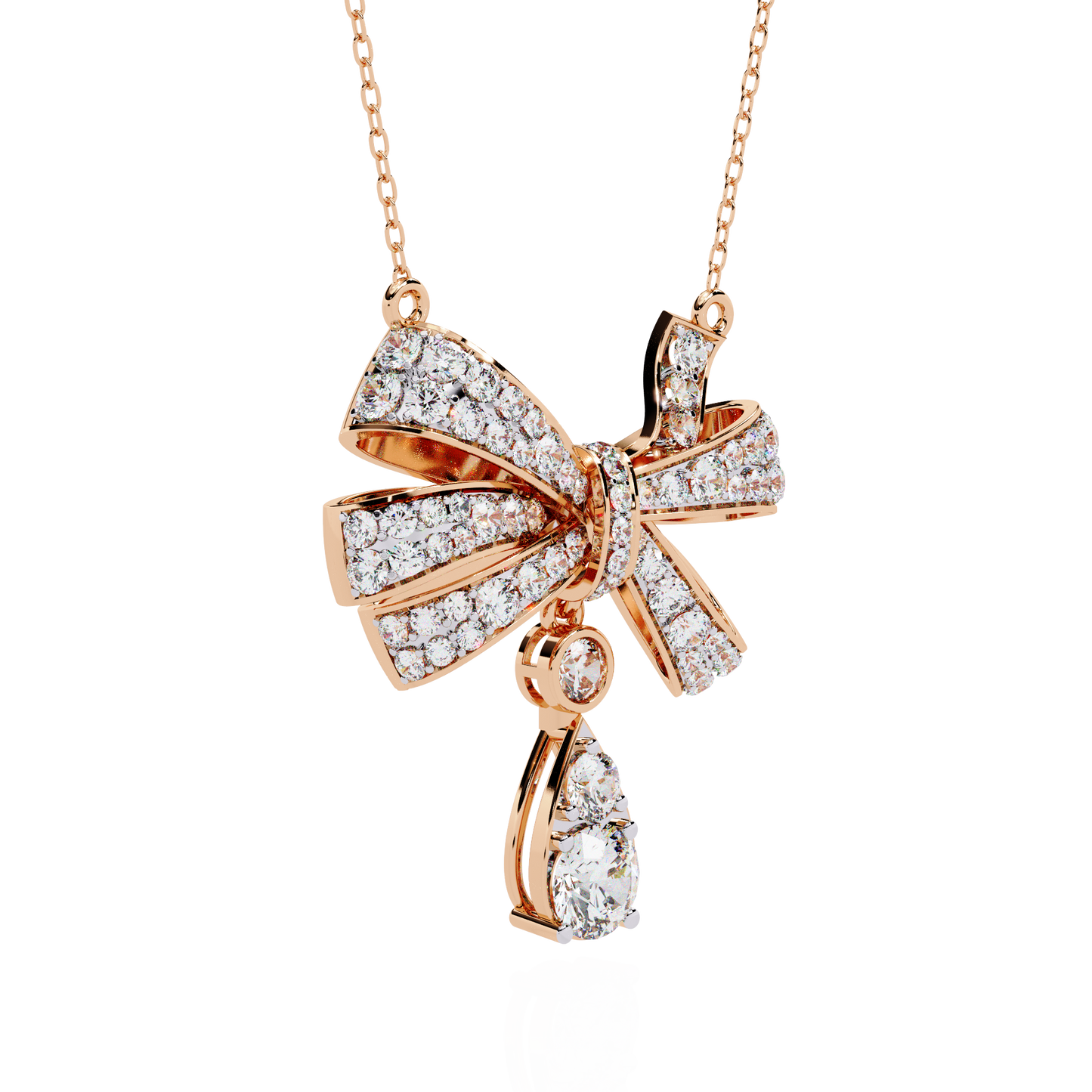 Diamond Ribbon Bow and Drop Gold Pendant Necklace - 1.69 Ct
