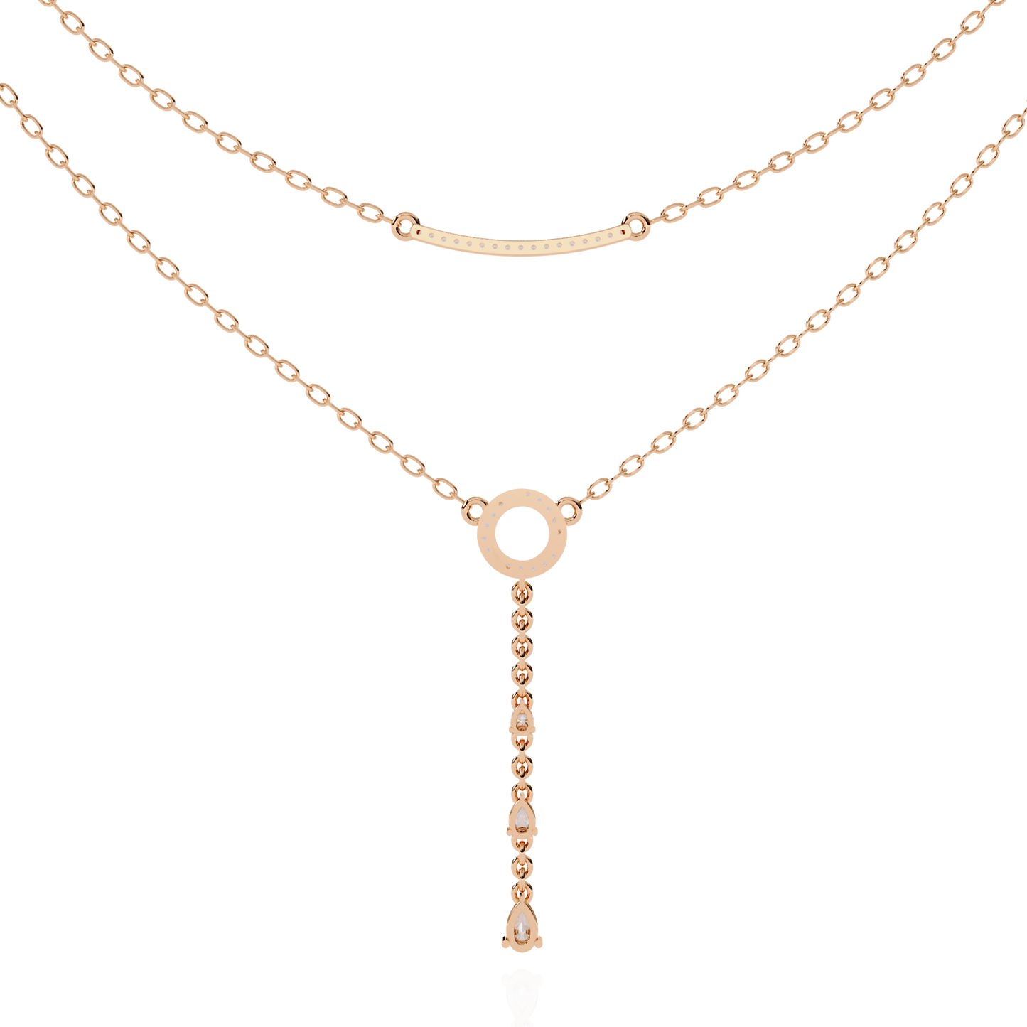 Gold Double-Layered Lariat & Curved Bar Necklace (0.49 CTW) Round & Pear Brilliant-Cut Diamonds