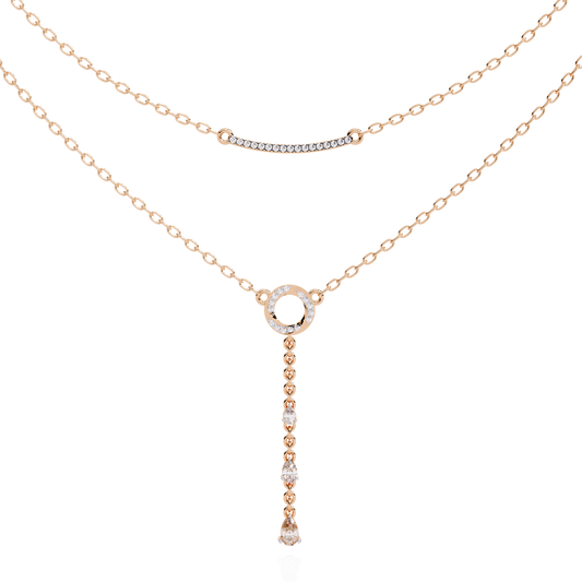 Gold Double-Layered Lariat & Curved Bar Necklace (0.49 CTW) Round & Pear Brilliant-Cut Diamonds
