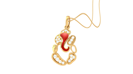 Divine Shri Ganesha Gold Pendant - 0.11 Ct Diamond Accents & Red Enamel Detailing