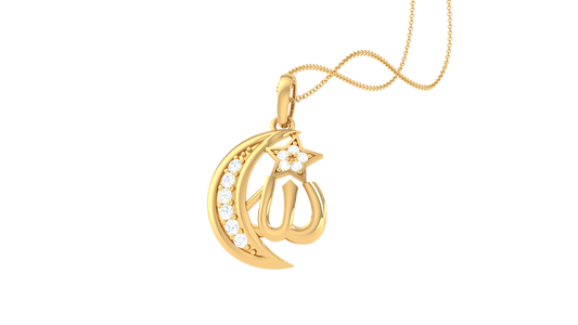 Crescent Moon & Allah Calligraphy Pendant In Gold - 0.10 Ct Diamonds