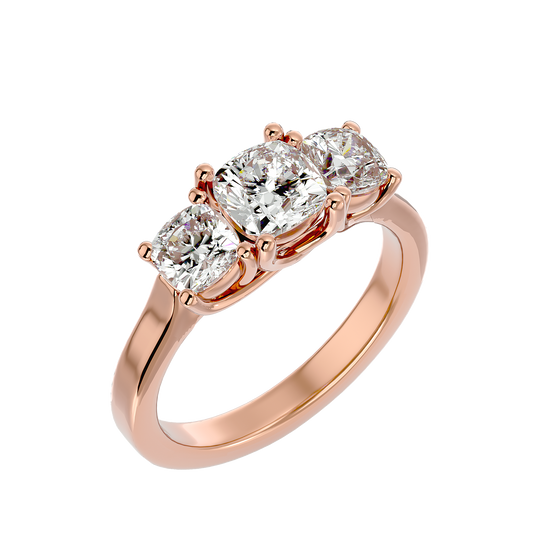 Trilune Eternal Brilliance: 2.47ct Cushion-Cut Three-Stone Ring in Gold